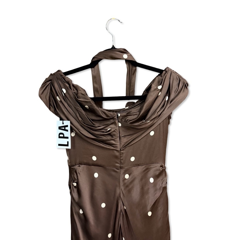 LPA Luisa Midi Dress Brown & CreamPolka Dot satin Revolve NWT XS - Picture 7 of 11